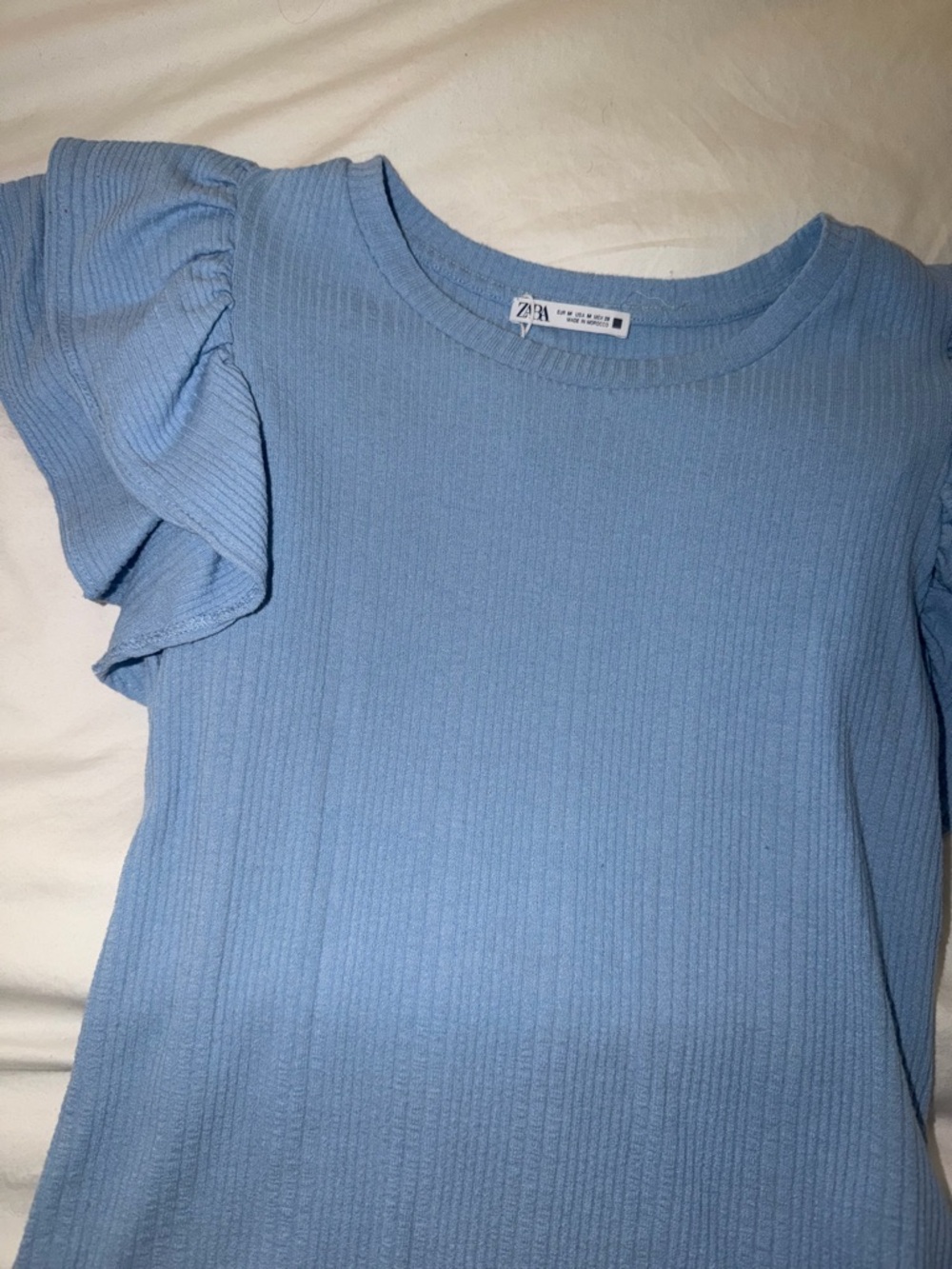 Zara Light Blue Ruffle Sleeve Ribbed Top - Picture 2 of 3